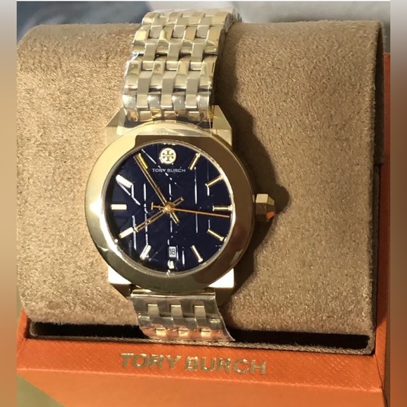NIB TBW8003 .. TORY BURCH WHITNEY GOLD STAINLESS STEEL BLUE DIAL LADIES WATCH - Picture 2 of 4
